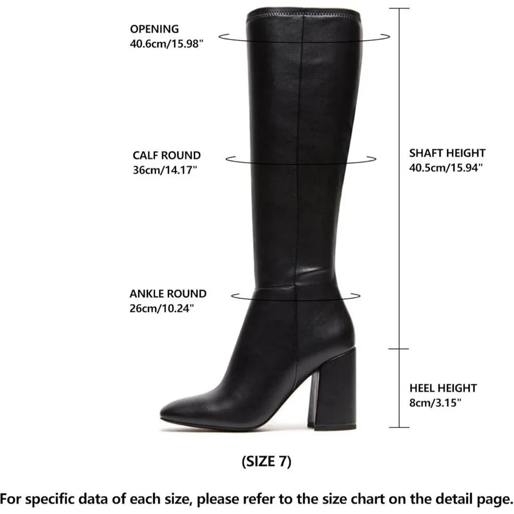 Women's Black Faux Leather Fashion Square Toe Chunky Heel Knee High Boots